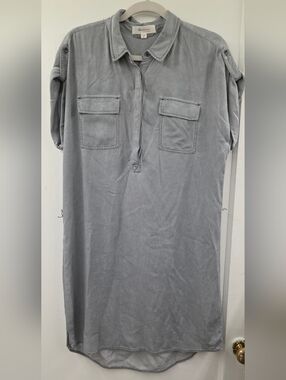 Two by Vince Camuto Gray Shirt Dress Roll Tab Sleeve Hi Low Utility Medium